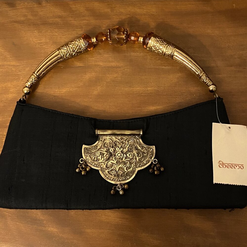 Sophisticated Black Leather Clutch with Gold Accents